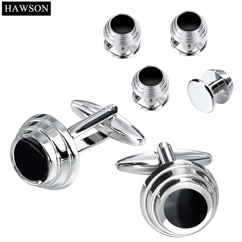 Polished Cufflinks Studs Set Mens Tuxedo Shirt Accessory Black Enamel