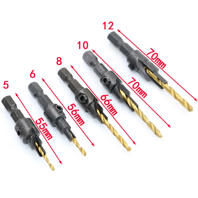  New Arrival High Quality 5 Pcs HSS Countersink Drill Bit Set W/Wrench Hand Tool Set 1/4 Multiple Si