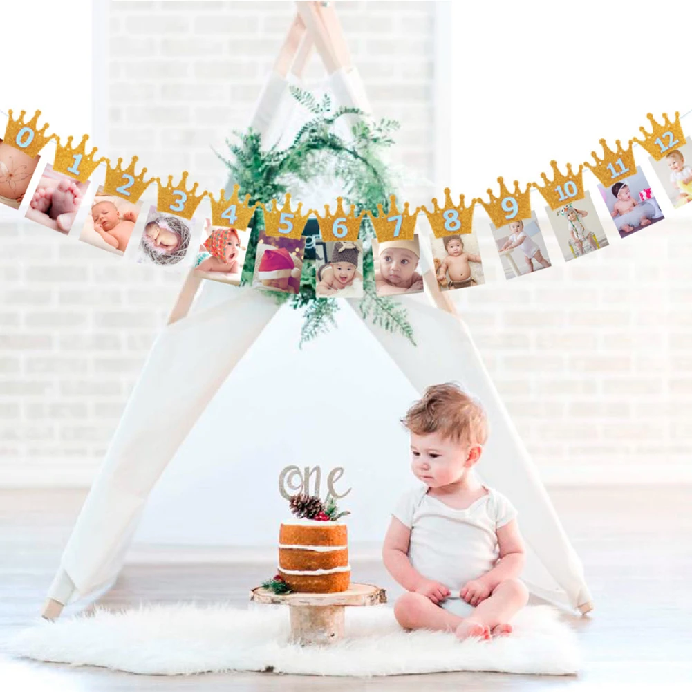 Baby Shower Glitter Crown Birthday Party Glitter Crown Monthly Photo Digital Banner 1-12 Months Garland Garland Party Decor Hot