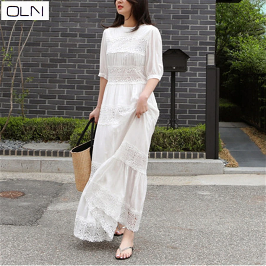 الدانتيل خياطة اللباس 2019 جديد جولة الرقبة الخصر التخسيس الأكمام فستان محكم من عند الصدر ويتدلى بشكل واسع الشاطئ اللباس للنساء