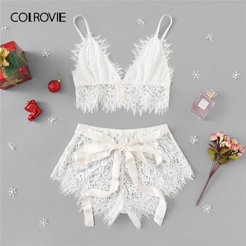 COLROVIE White Solid Tie Eyelash Ribbon Christmas Lace Sexy Intimates Women Lingerie Set 2019 Fashion Bralette Underwear Bra Set