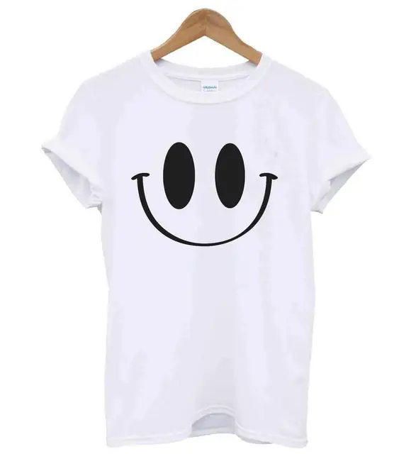 Women Tshirt SMILEY FACE Print Cotton Casual Funny Shirt For Lady White ...