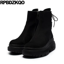 Зимние ботильоны на молнии сбоку, ботинки на шнуровке, осенняя короткая черная Роскошная замшевая обувь с круглым носком, коллекция года, китайская модная женская обувь, новая женская обувь