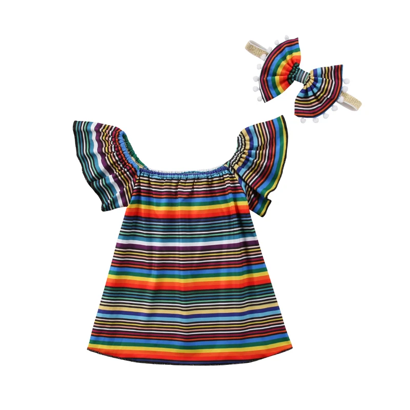 

Newborn Toddler Kids Baby Girl Summer Dress Ruffles Sleeve Striped A-line Princess Dresses Headband 2PCS Outfit Sundress Clothes