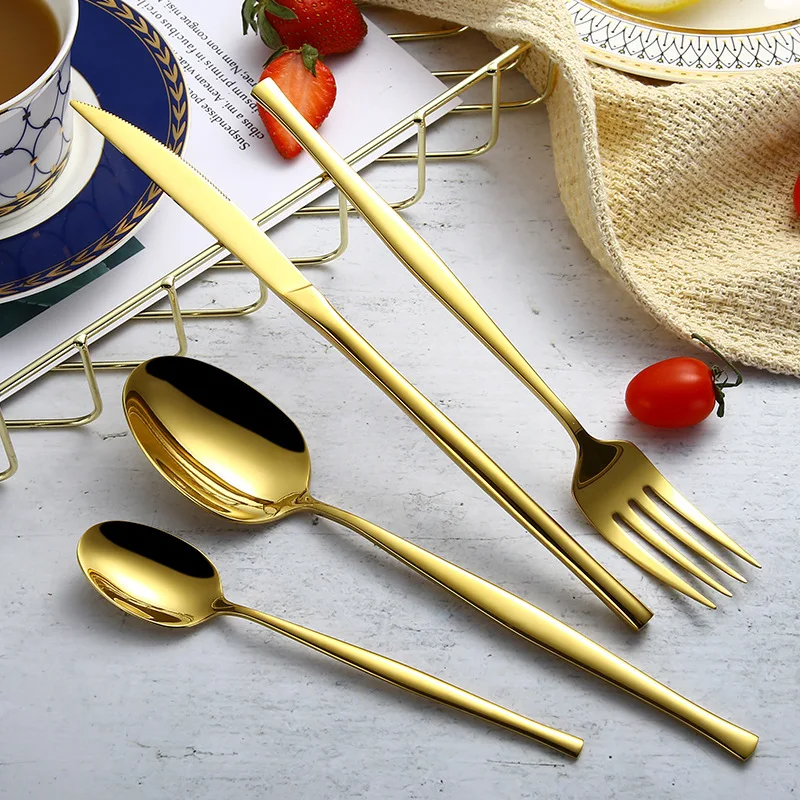 

4 Pcs Kits INS Top Grade Metal Colour Plated Flatware Sets Steak Dinner Table Knife Fork Dessert Spoon Soup Ladle Marmita Talher