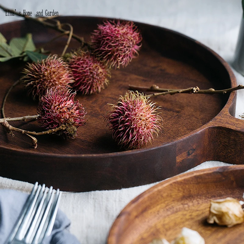 antique solid mango wood round tray with side handle (3)