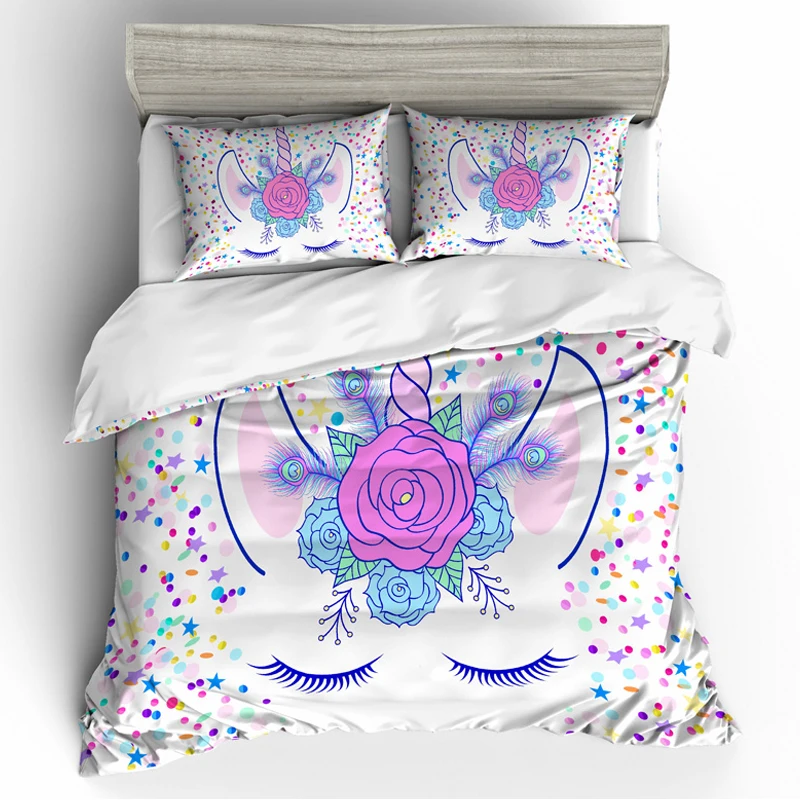 3D قوس قزح يونيكورن طقم سرير 3 قطعة غطاء لحاف سادات ورقة مسطحة نوم المنسوجات المنزلية المعزي طقم سرير المنزل والمعيشة