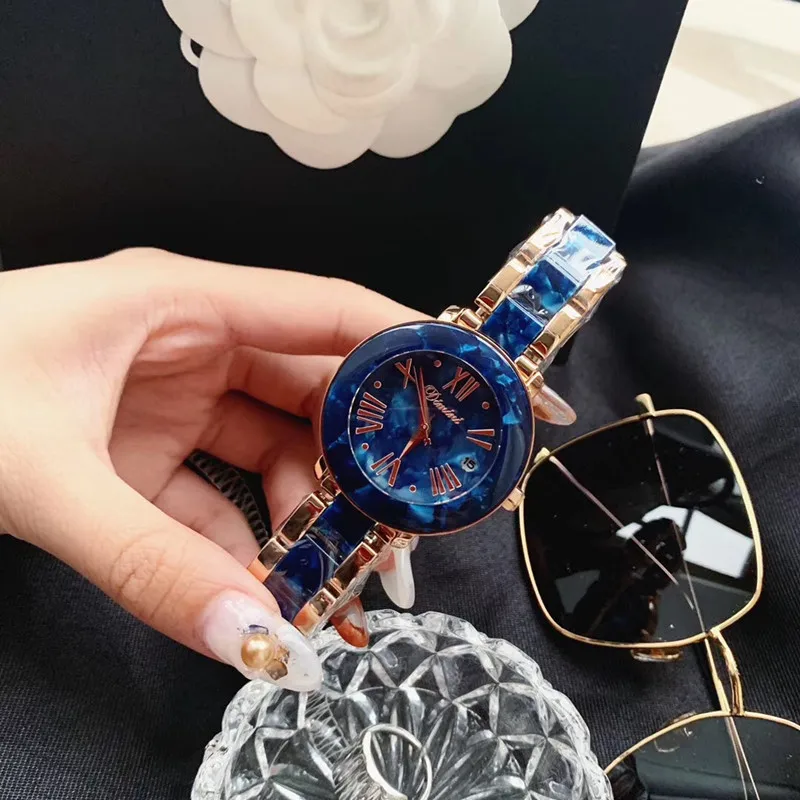 Брендовые классические часы-браслет из смолы с цветочным рисунком для женщин, нейтральные Дизайнерские летние модные зеленые наручные часы с календарем, водонепроницаемые - Цвет: Синий