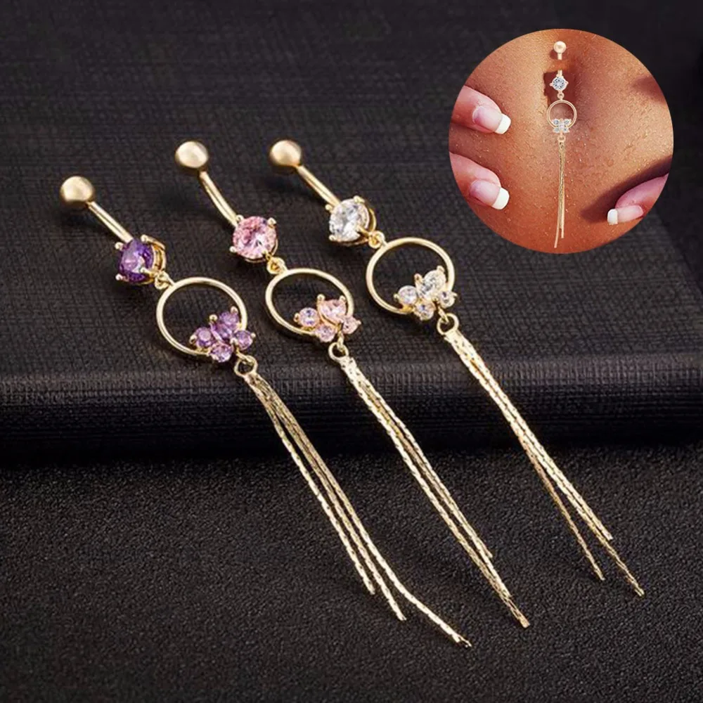 

Butterfly Clear Purple Pink Cubic Zirconia Gold-color Belly Button Tassels Navel Piercing Body Jewelry Navel Belly #242269