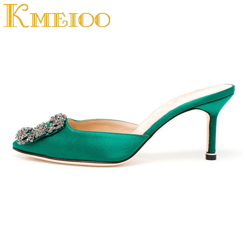 

Kmeioo Mule Shoes Diamond Sandals Pointed Toe Crystal Kitten Heel Mule Slides Dress Evening Wedding Fashion Summer Shoes