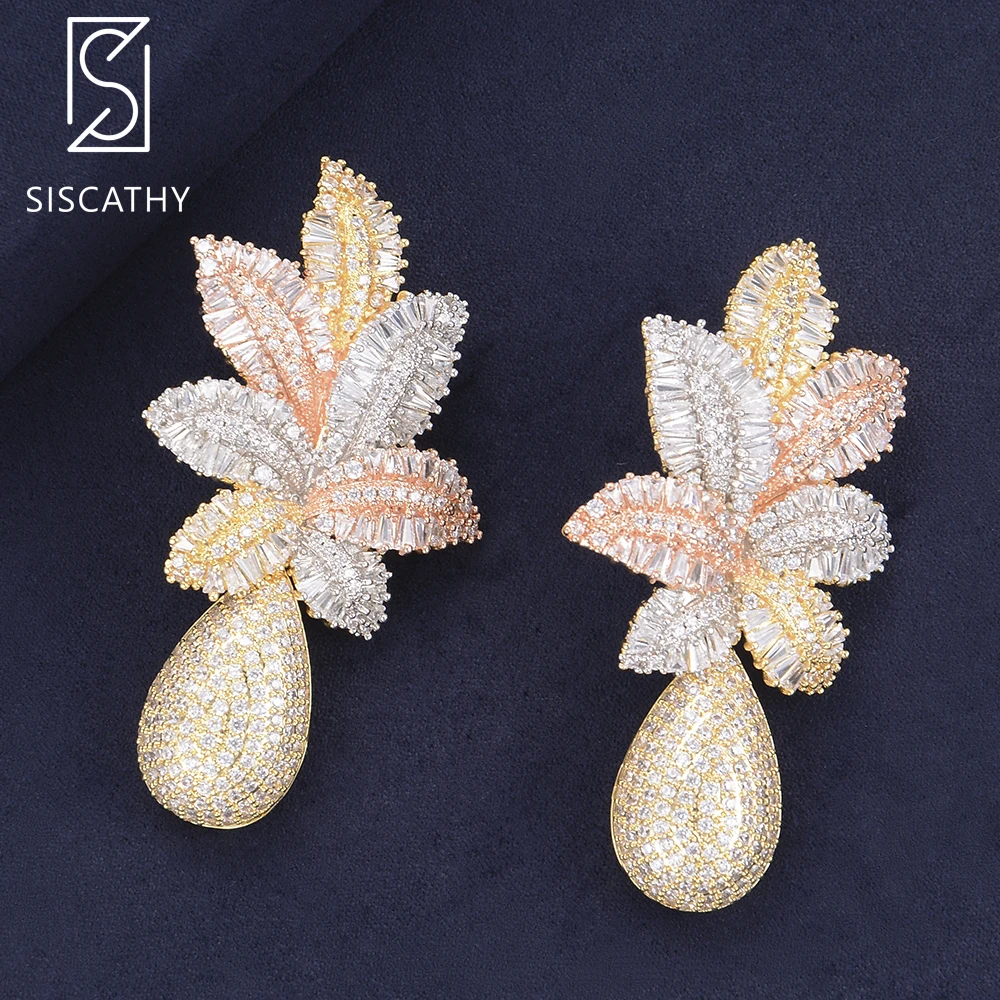 

SISCATHY Luxury Flower Leaves Drop Pendant Cubic Zirconia Nigerian Wedding Jewelry Long Drop Dangle Earrings For Women