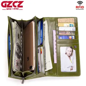 

GZCZ Green Wallet RFID Fashion Genuine Leather Wallets Clutch Zipper Design High Quality Women Lady Hand Bags For Phone Coins