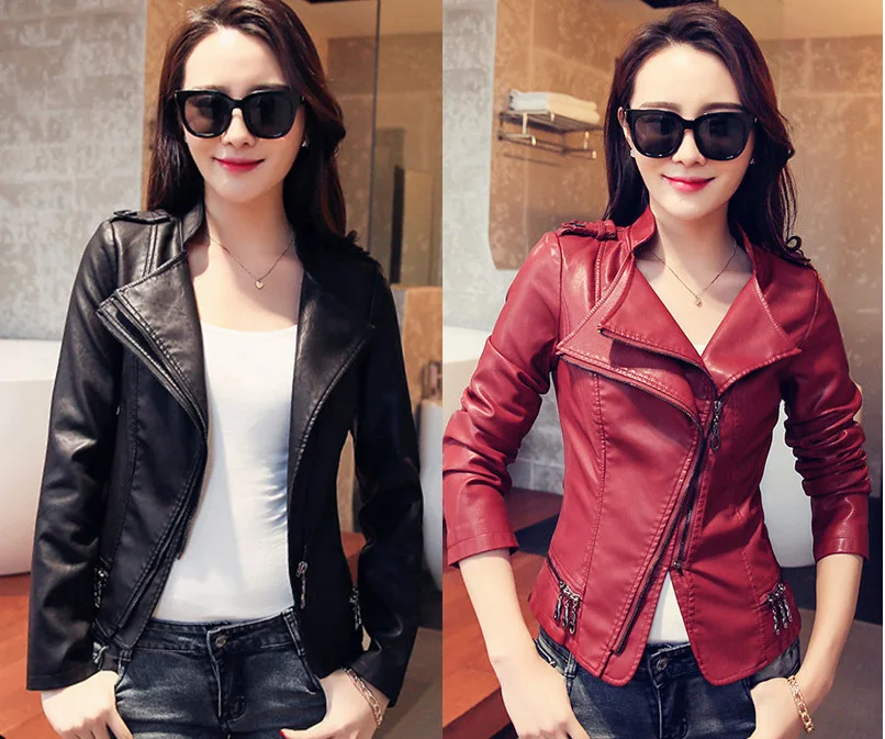 Novo 2017 Moda Primavera Outono mulheres jaquetas casacos de couro senhora estande vermelho colar preto da menina jaqueta de couro Da Motocicleta outerwear
