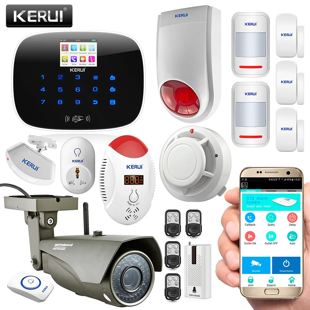 

KERUI G19 GSM SMS RFID Autodial Home Security Alarm System Smoke Detector Fire Protection+Waterproof IP Camera+Smart Socket