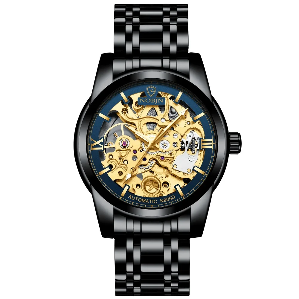 Watches Mens 2019 NOBJN N905D Mechanical Watch Hollow Skeleton Watch Waterproof Luminous Hands Automatic Watch Men Gold Hour (8)