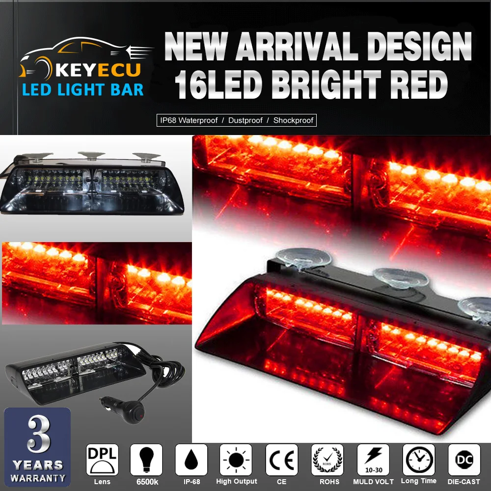 KEYECU 16 LED Bright red 16W Windshield Emergency Flash Strobe Light