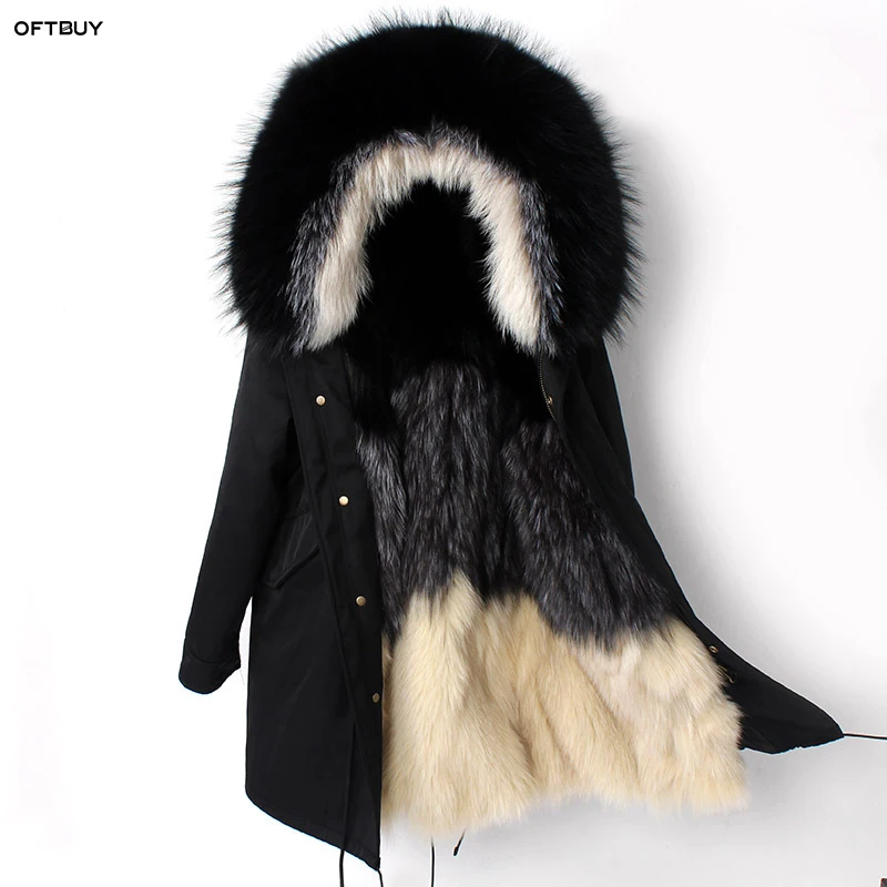 Женское пальто с капюшоном OFTBUY длинная парка цвета хаки подкладкой из лисьего