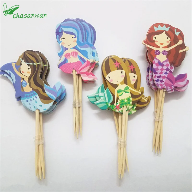 

24 Pcs/1 Lot Mermaid Party Cupcake Topper Girl Happy Birthday Party Baby Shower Children Party Decor Kids Cake Decor Supplies.Q