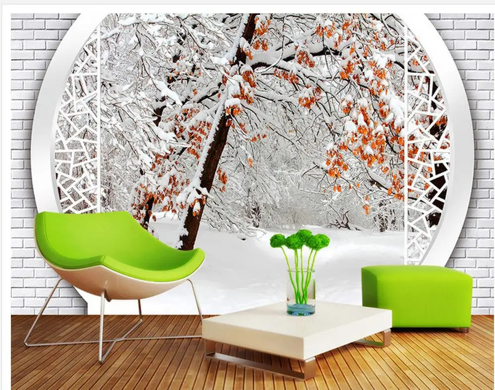 3d Mural Dinding Jendela Mural Wallpaper Salju Lanskap Hutan Latar