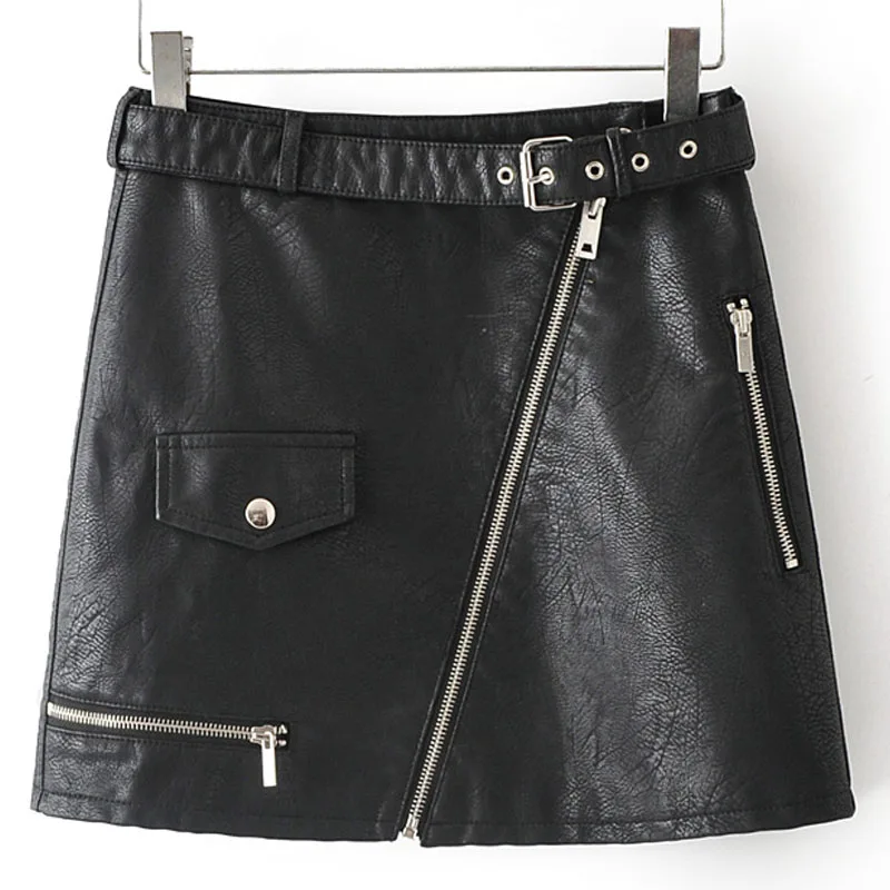 Ретро молния черный ремень из искусственной кожи корейский карман Женская юбка осень новая высокая талия тонкая сексуальная женская юбка высокая уличная - Цвет: Черный