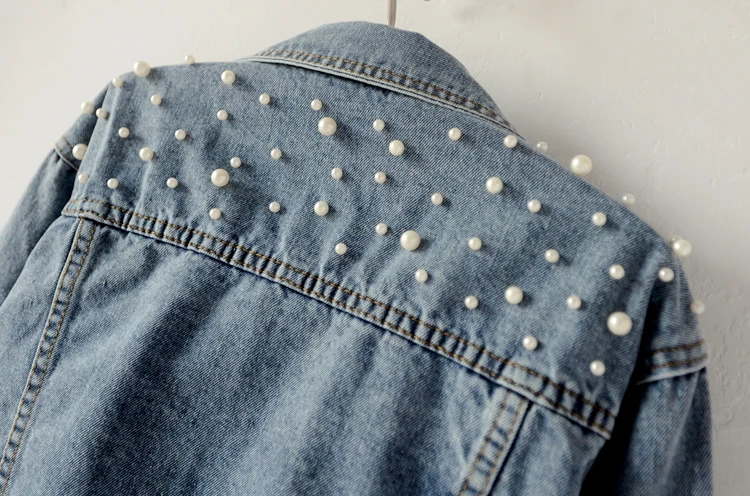 2018 Spring Women Basic Coats Women Denim Jacket Pearls Beading Kpop Jeans Coat Loose Long Sleeve Jackets 1667 2018 Spring Women Basic Coats Women Denim Jacket Pearls Beading Kpop Jeans Coat Loose Long Sleeve Jackets 1667