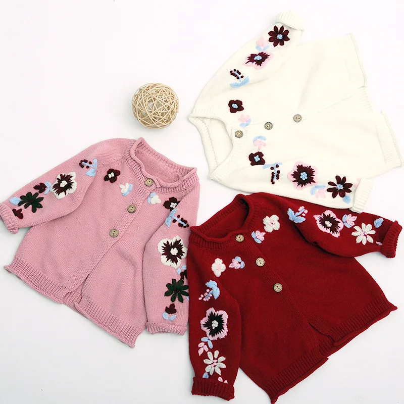 Button-Front Cardigan Autumn Winter Baby Girl Embroidery Sweater Red White Pink Long Sleeve Knitted Clothes Button-Front Cardigan Autumn Winter Baby Girl Embroidery Sweater Red White Pink Long Sleeve Knitted Clothes