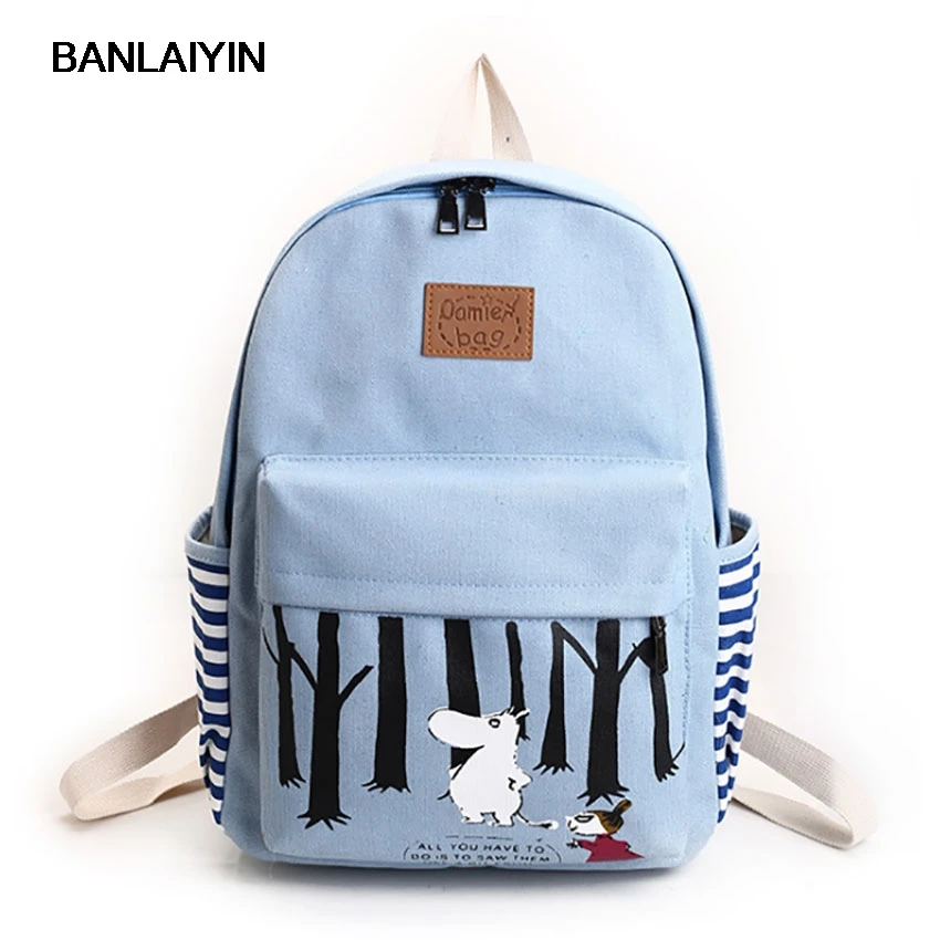 Animals Printing Women Canvas Stripe Backpack School Bags For Teenagers Preppy Students Boy Girls Casual Travel