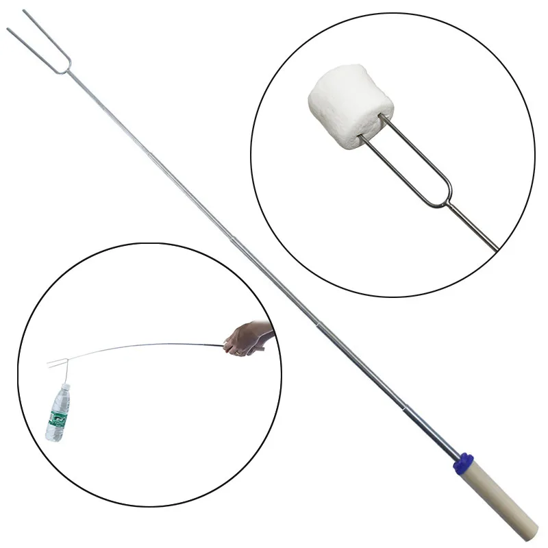 BBQ Grill Accessories Stainless Steel BBQ Skewers Flat Meat Outdoor Barbecue Accessories Tools Stretch Skewer Roasting Fork
