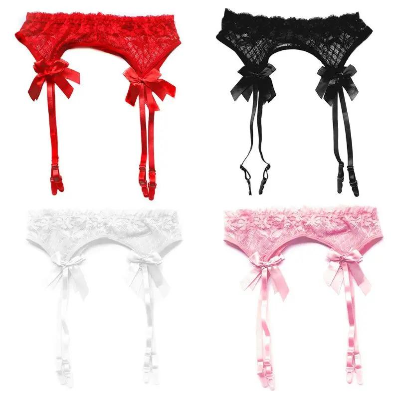 

Womens Erotic See Through Mesh Sheer Suspenders Floral Lace Bowknot Adjustable Thigh-Highs Garter Belt Lingerie
