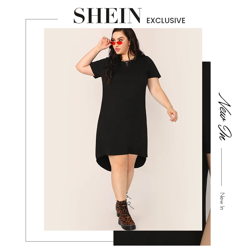 SHEIN, платье-туника размера плюс, черное, с разрезом, с высоким-низким подолом, однотонное,, женское, летнее, повседневное, с разрезом, прямое, плюс платья