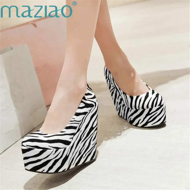 

Zebra-stripe Women Slip on Wedge Pump Platform Fashion Party Shoes Round Toe Temperament Thick Bottom MAZIAO