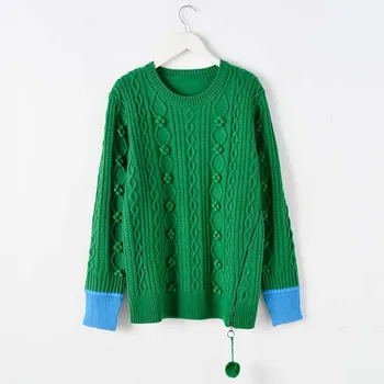 

Autumn Winter Green Twist Sweater Women Loose Cotton Wool Knitted Pullover Sweaters 3D Pattern with Zipper Tops Female Clothes