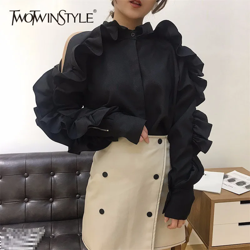 Goedkoop TWOTWINSTYLE Off Shoulder Overhemd Vrouwelijke Ruches Patchwork Revers Kraag Rits Lange Mouw Blouse Vrouwen 2018 Lente Koreaanse Kleding