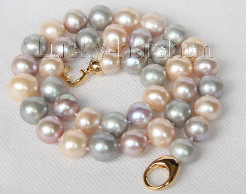 

FREE SHIPPING>>>@@ > 17.5" 12mm pink gray purple Multicolor pearls necklace filled gold clasp j9589^^^@^Noble style Natural Fine