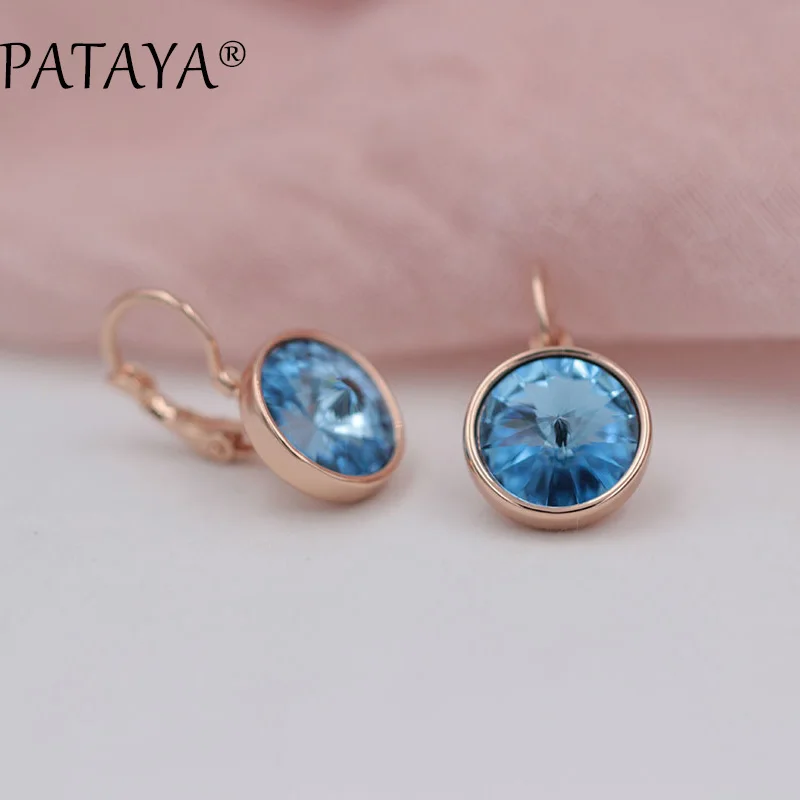 

PATAYA New Fashion Top Sale Crystals Earrings 585 Rose Gold AB Colorful Charm Earrings Women Round Blue Dangle Earrings