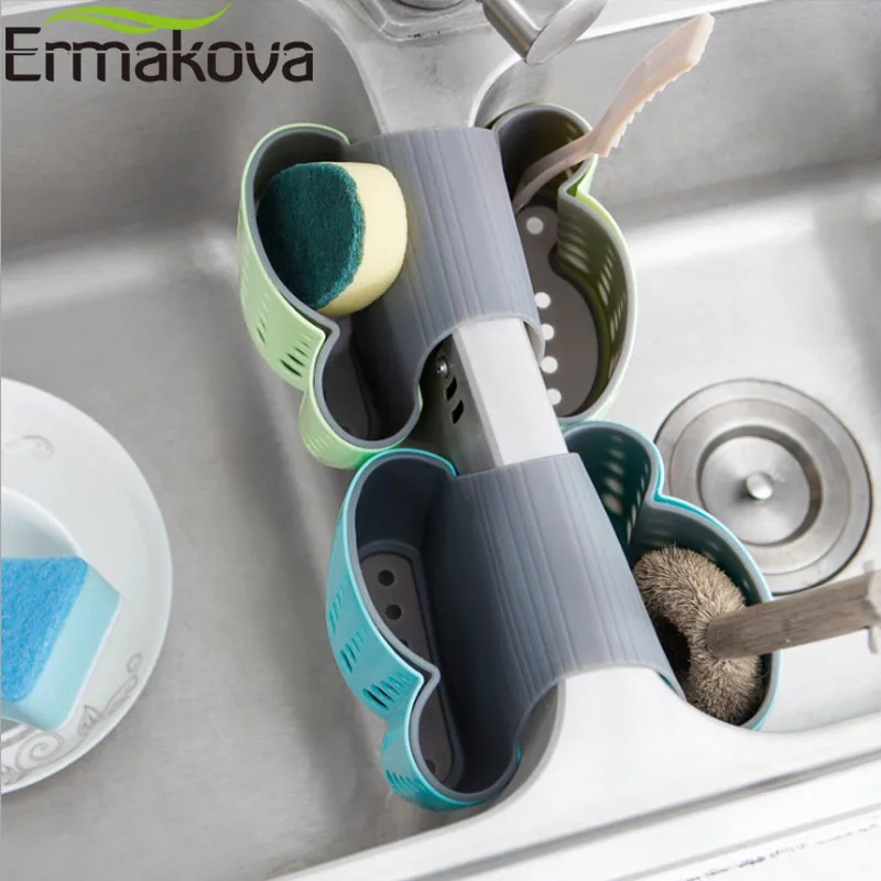 ERMAKOVA 2 الجانبين الإسفنج حامل بالوعة العلبة حامل الصابون للمطبخ منظمة البلاستيك سلات تخزين شنقا مصفاة تخزين