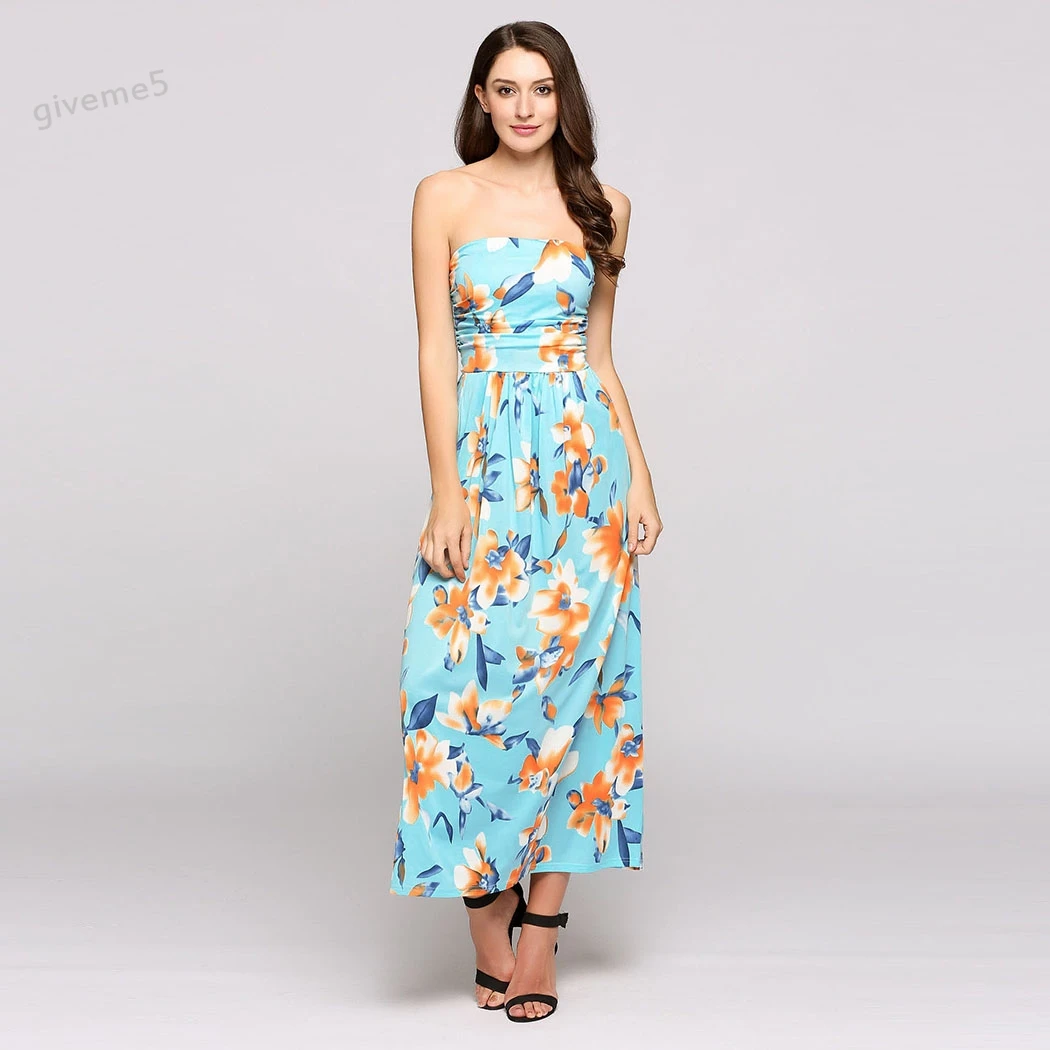 Fashion Women Flowers Print Sleeveless Strapless Long Maxi Dress High