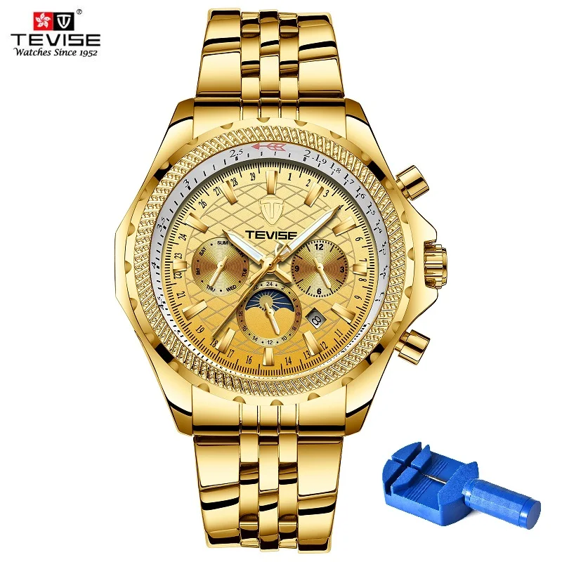 [Дропшиппинг] TEVISE Мужские автоматические часы T841B мужские часы Moon Phase Week из нержавеющей стали кожаные мужские часы Relogio Masculino - Цвет: Full Gold Steel Tool
