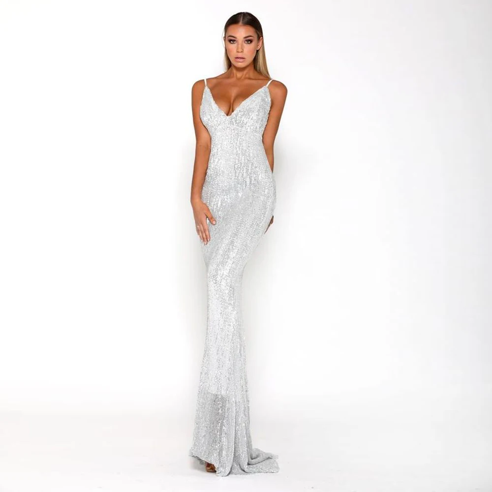 

Sexy Silver Stretchy Sequin Floor Length Dress V Neck Backless Bodycon Full Lining Full Length Mermaid Sleeveless Summer Dress