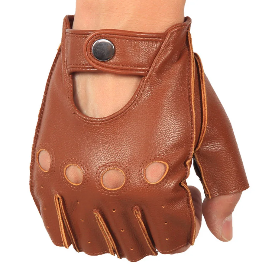Men's Half Finger Fingerless Leather Gloves Driving Sheepskin Fitness