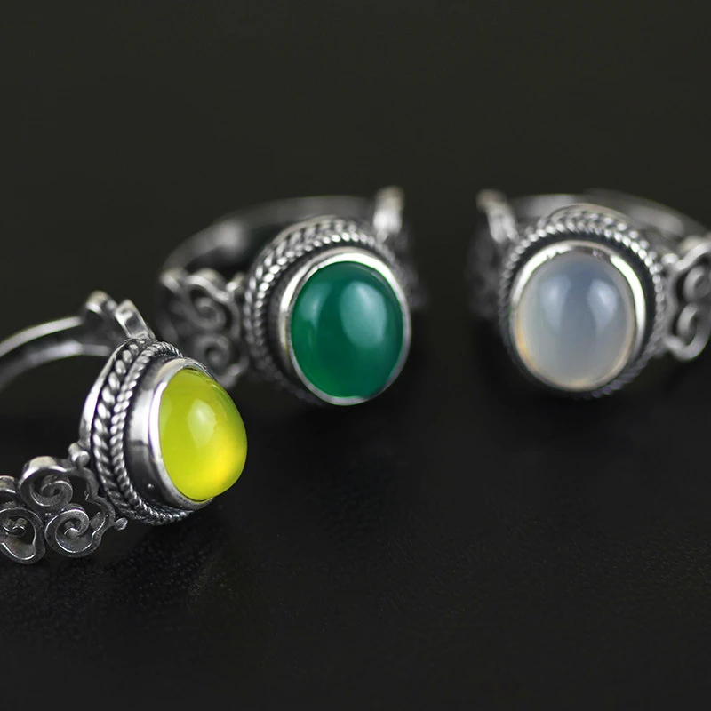 Lotus Fun Real 925 Sterling Silver Natural Chalcedony Stone Handmade Creative Fine Jewelry Vintage Female Rings Bijoux