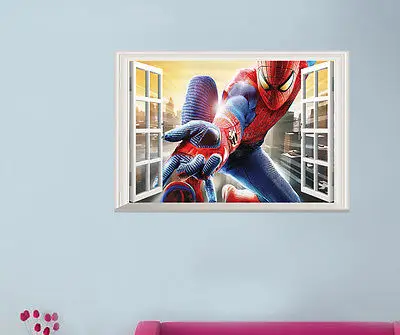 

2016 new arrival Spider Man 3D Window View Removable Wall Stickers Kids Decal Decor Art Mural New asd