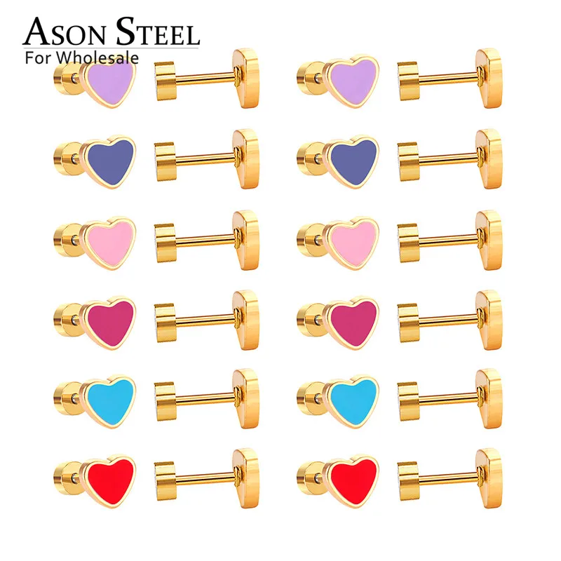 Серьги гвоздики ASONSTEEL 12 парт/лот золотого/серебряного цвета в форме сердца с