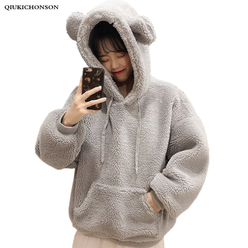 Cute Bear's Ears Teddy Hoodie Women Autumn Winter Warm Fleece Hooded ...