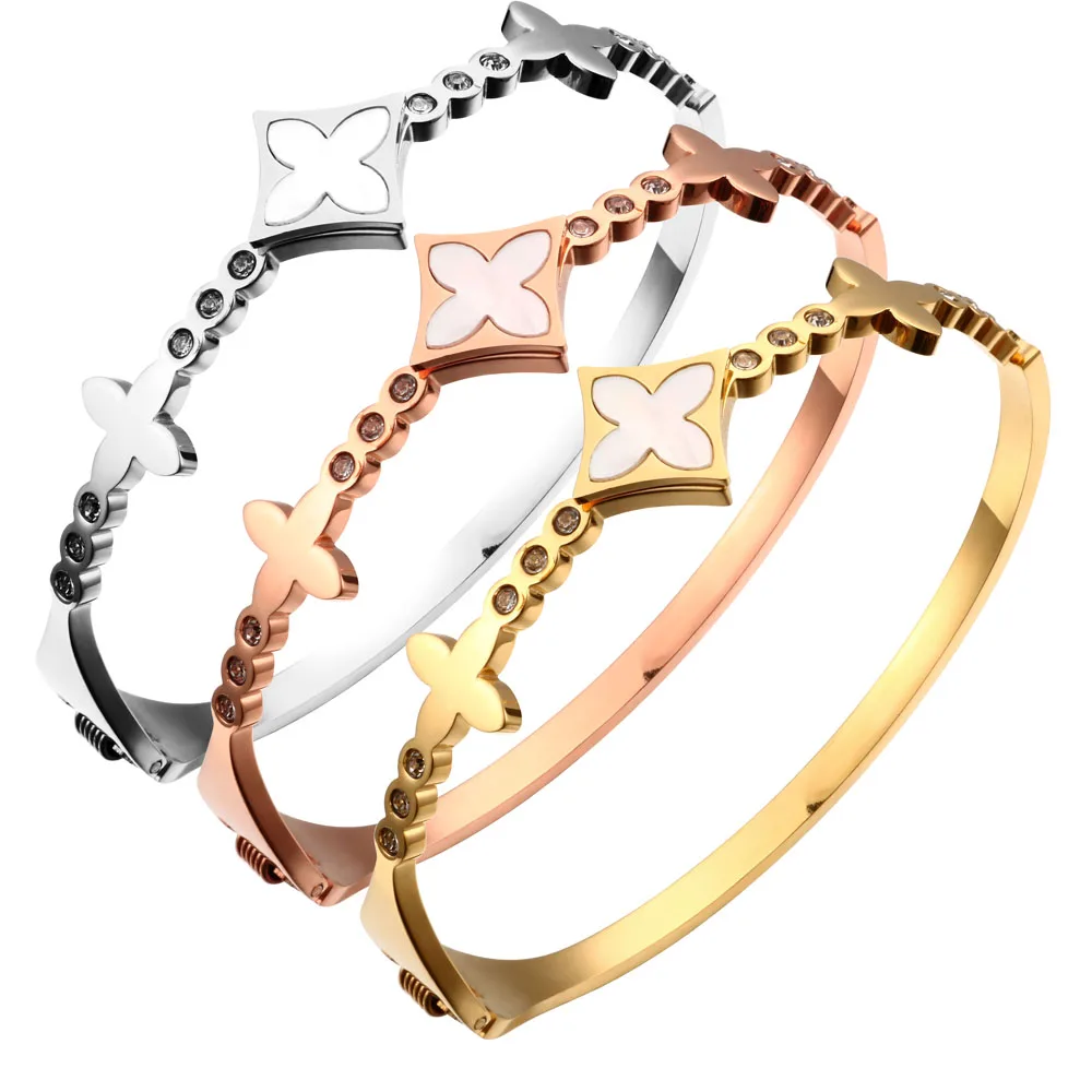 

Fashion Clover Women Bracelets Lucky Clover Shell Bracelets for Women Jewelry Cross Design Open Bracelets Rose Gold Color
