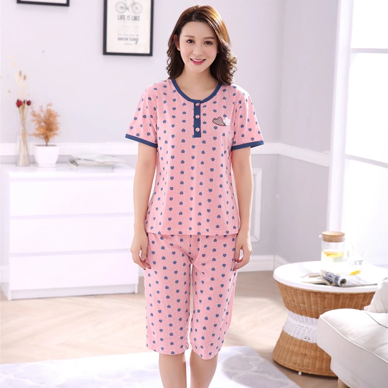 Хлопковый пижамный комплект для женщин размера плюс, длина до колена, лето, пижама с коротким рукавом, домашняя одежда, домашняя одежда - Цвет: 1714P