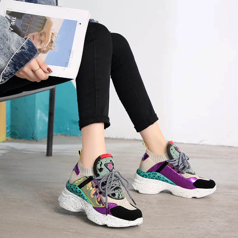 

2019 leather wool tie platform casual shoes leopard illusion old shoes single shoes low to help women shoes.