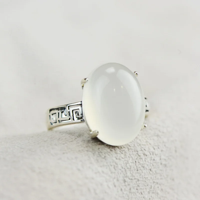 Genuine Solid Rings 925 Sterling Silver Initial Oval Shape Gemstone Rings For Women Natural Chalcedony Elegant Fine Jewelry