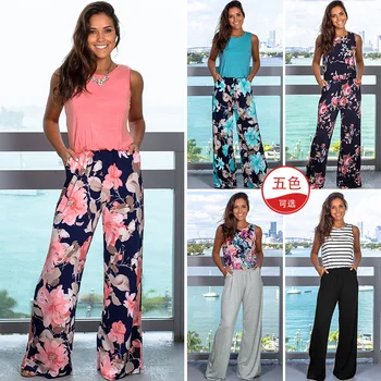 

2019 New Summer Women Casual Loose Jumpsuit Fashion Print Straight Long Pants O-Neck Sleeveless Jumpsuits Female Pocket Jumpsuit