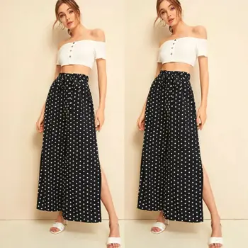 

2019 Women Fashion Wide Leg Pants High Waist Loose Casual Baggy Pant Summer Style Black Dot Casual Pants Female Trousers